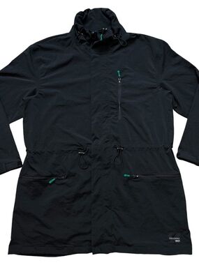 Black Men's Lightweight Parka Jacket with Green Zip Pulls SZ XL